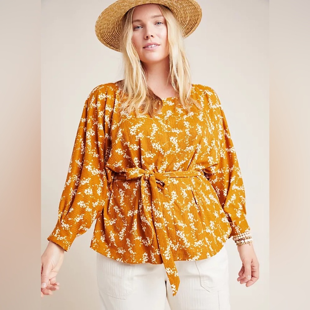 Anthropologie Golden Floral Tie Blouse